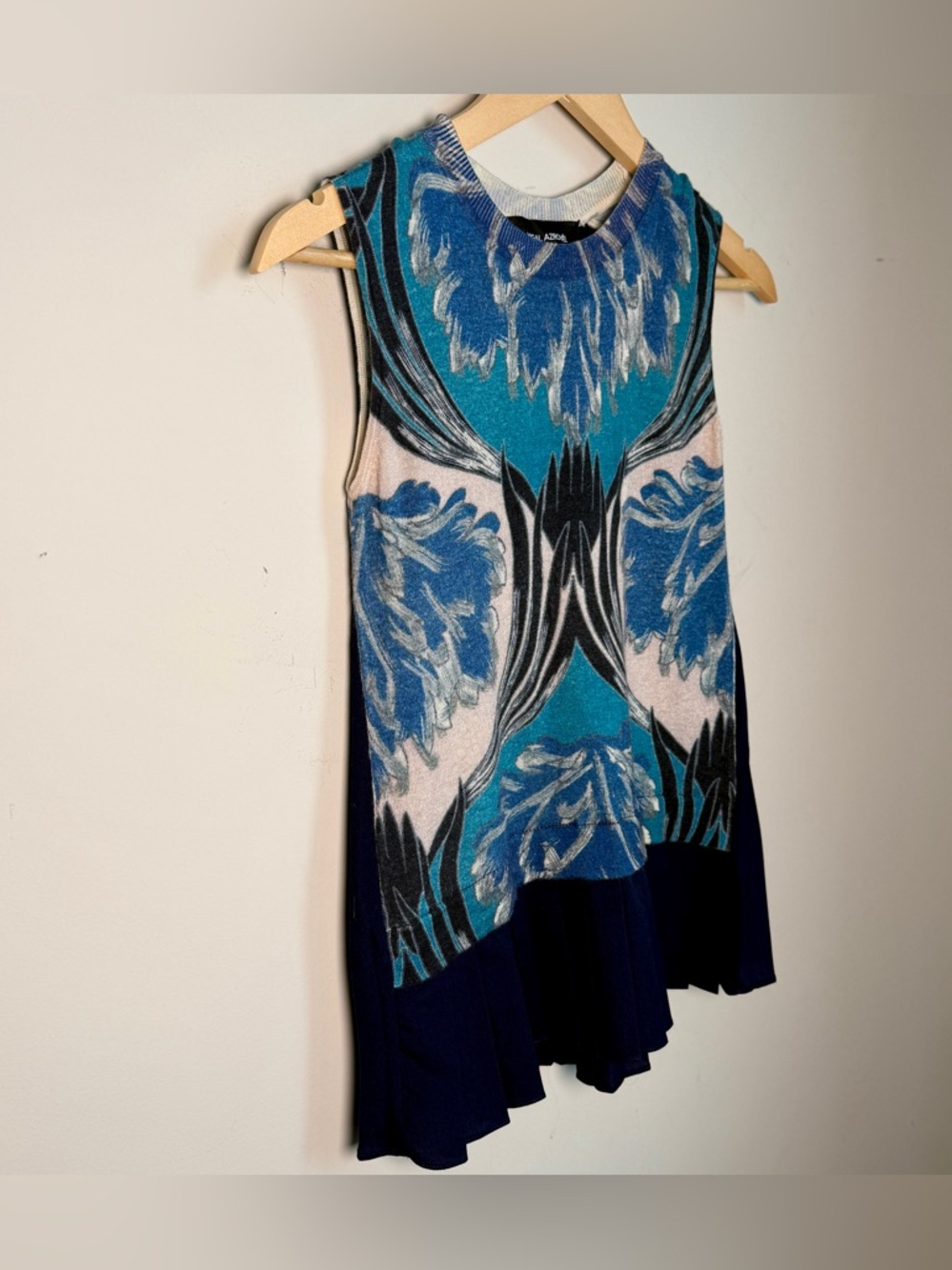 Yigal Azrouël Mixed Media Abstract Print Pleated Tank XS Navy Blue Silk Cashmere - Picture 3 of 9